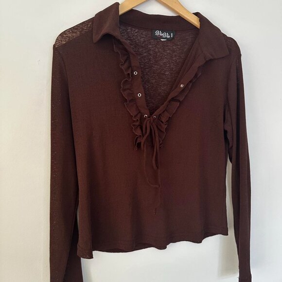 Vintage Y2K Chocolate Brown Ruffle Tie-Up Sheer Top - Made in Canada - Picture 4 of 8